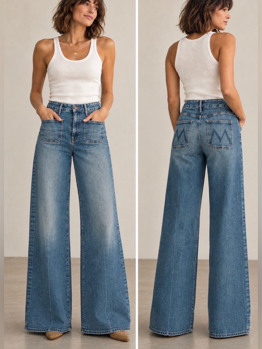 Mother denim patch pocket Wide Leg High-Rise Jeans in Medium Blue 29